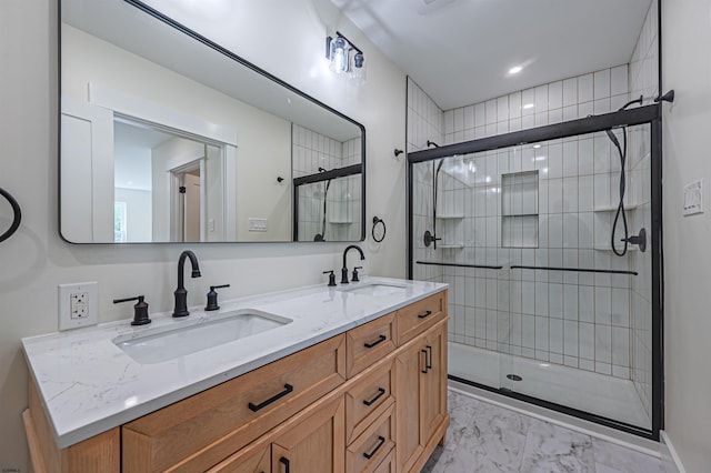 205 Valley Ave, Hammonton, NJ 08037 - bathroom featuring marble finish flooring, double vanity, and a stall shower