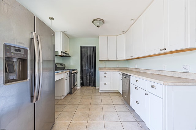 605 W Mill Rd, Northfield, NJ 08225 - kitchen featuring appliances with stainless steel finishes, under cabinet range hood, light countertops, light tile patterned flooring, and white cabinets