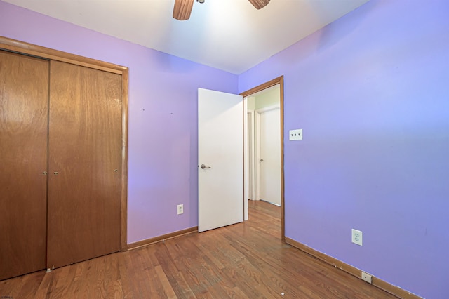 605 W Mill Rd, Northfield, NJ 08225 - unfurnished bedroom featuring wood finished floors, baseboards, a closet, and a ceiling fan