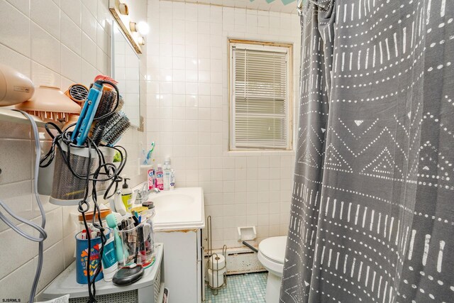 112 Kirklin Ave, Linwood, NJ 08221 - bathroom with tile walls, vanity, a shower with shower curtain, and tile patterned floors