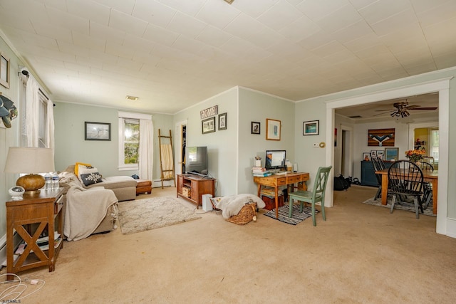 112 Kirklin Ave, Linwood, NJ 08221 - living room featuring carpet flooring, a baseboard radiator, crown molding, and a ceiling fan