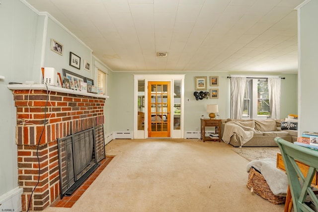 112 Kirklin Ave, Linwood, NJ 08221 - living area with a brick fireplace, ornamental molding, a baseboard radiator, and carpet flooring