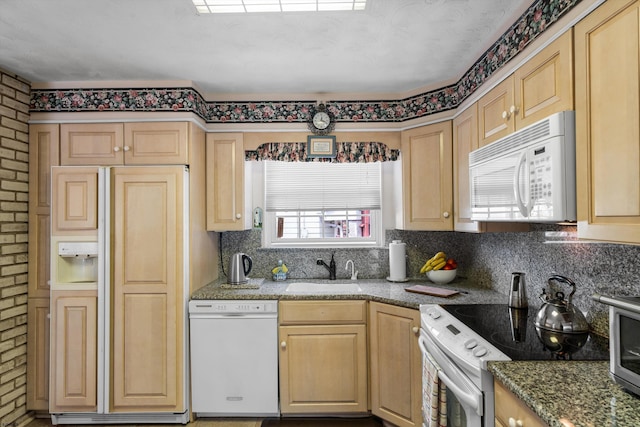 8407 Fremont Ave, Margate, NJ 08402 - kitchen featuring white appliances, light brown cabinets, and decorative backsplash