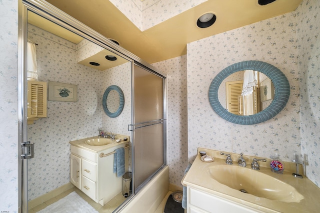 8407 Fremont Ave, Margate, NJ 08402 - bathroom featuring wallpapered walls, vanity, and enclosed tub / shower combo