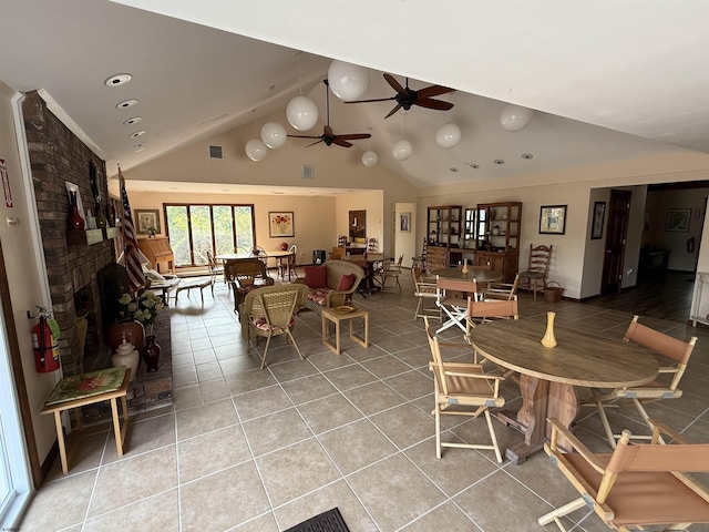 170 E Holly Ln Unit 170, Little Egg Harbor, NJ 08087 - dining space with light tile patterned flooring, a brick fireplace, ceiling fan, high vaulted ceiling, and recessed lighting
