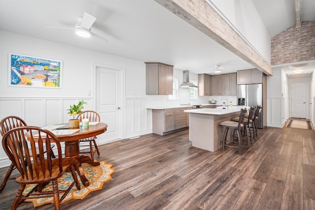 318 Mount Vernon Ave, Northfield, NJ 08225 - kitchen with wall chimney exhaust hood, stainless steel refrigerator with ice dispenser, ceiling fan, dark wood finished floors, and wainscoting