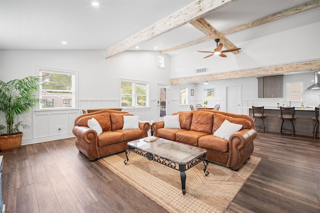 318 Mount Vernon Ave, Northfield, NJ 08225 - living room featuring ceiling fan, dark wood-style floors, recessed lighting, a wainscoted wall, and a decorative wall