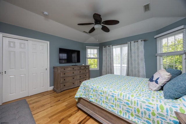 1611 Central Ave Unit 2, Ocean City, NJ 08226 - bedroom with light wood finished floors, lofted ceiling, a closet, and ceiling fan
