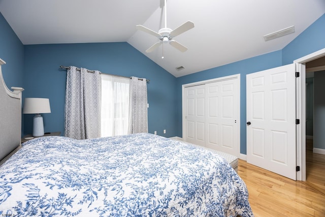 1611 Central Ave Unit 2, Ocean City, NJ 08226 - bedroom with light wood finished floors, vaulted ceiling, a closet, and ceiling fan