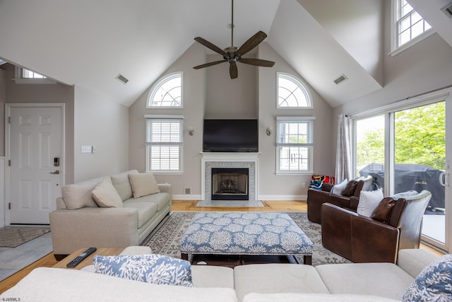 1611 Central Ave Unit 2, Ocean City, NJ 08226 - living area featuring high vaulted ceiling, a ceiling fan, a fireplace, and wood finished floors