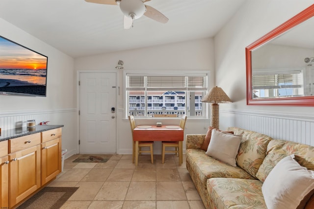 7929 Dune Dr Unit 310, Avalon Boro, NJ 08202 - living room featuring lofted ceiling, a ceiling fan, and a wainscoted wall