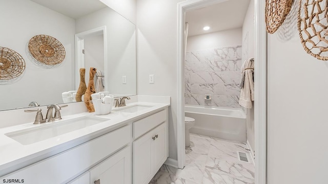 17 N 10th St, Middle Township, NJ 08251 - bathroom featuring marble finish flooring, double vanity, recessed lighting, and shower / bathtub combination