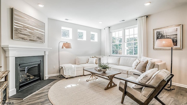 57 Siegtown Rd, Middle Township, NJ 08210 - living room featuring wood finished floors, a glass covered fireplace, and recessed lighting