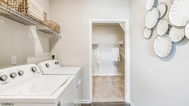 57 Siegtown Rd, Middle Township, NJ 08210 - laundry area featuring washing machine and clothes dryer, wood finished floors, and carpet
