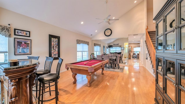 229 Lander Rd, Egg Harbor Township, NJ 08234 - rec room with a ceiling fan, billiards, light wood-style flooring, plenty of natural light, and high vaulted ceiling