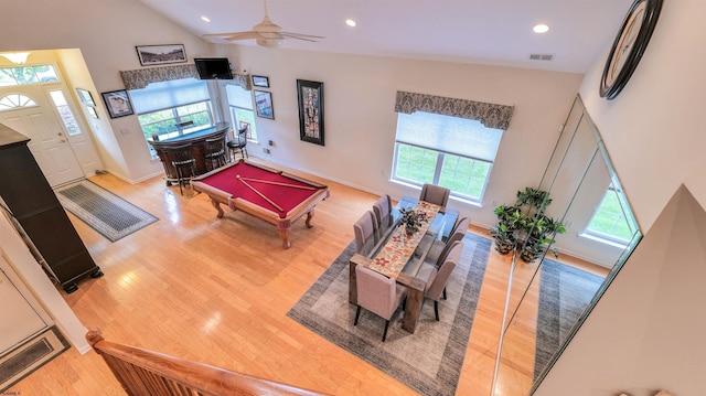 229 Lander Rd, Egg Harbor Township, NJ 08234 - living room with a dry bar, wood finished floors, high vaulted ceiling, billiards table, and recessed lighting