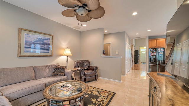 229 Lander Rd, Egg Harbor Township, NJ 08234 - living area featuring ceiling fan, light tile patterned flooring, recessed lighting, and stairway