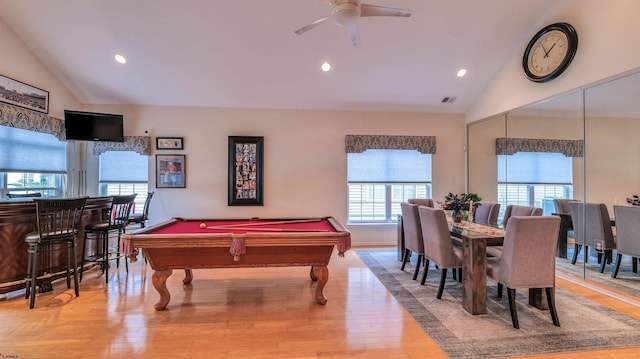 229 Lander Rd, Egg Harbor Township, NJ 08234 - recreation room featuring lofted ceiling, healthy amount of natural light, pool table, light wood finished floors, and a ceiling fan