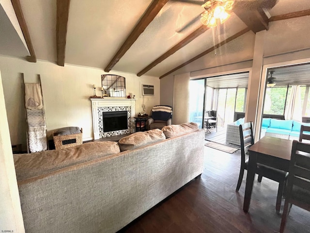 5924 Cedarcroft Dr, Mays Landing, NJ 08330 - living room featuring dark wood finished floors, a tiled fireplace, a ceiling fan, and an AC wall unit