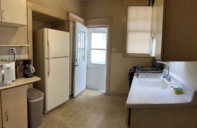215 N Dorset, Ventnor Heights, NJ 08406 - kitchen featuring freestanding refrigerator, light countertops, stainless steel microwave, light flooring, and open shelves