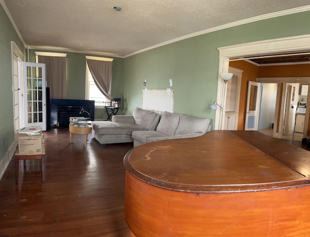 215 N Dorset, Ventnor Heights, NJ 08406 - living room with dark wood-style flooring, crown molding, and a textured ceiling