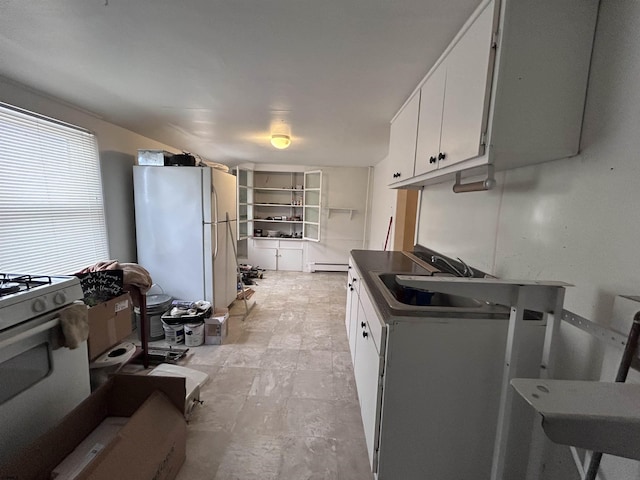 215 N Dorset, Ventnor Heights, NJ 08406 - kitchen with white appliances, white cabinetry, a baseboard radiator, and dark countertops