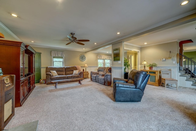 1081 Rte 50, Petersburg, NJ 08270 - living room with light carpet, a wainscoted wall, stairs, ceiling fan, and ornamental molding