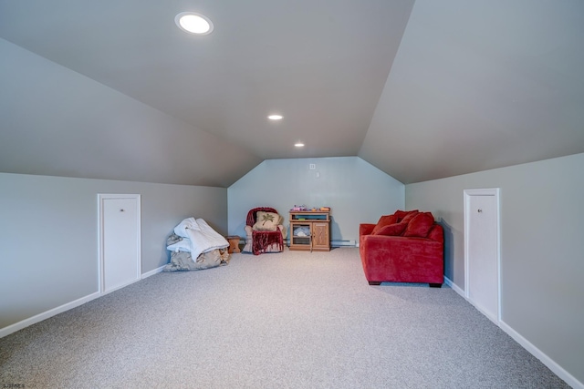 1081 Rte 50, Petersburg, NJ 08270 - rec room featuring carpet floors, lofted ceiling, a baseboard radiator, and recessed lighting
