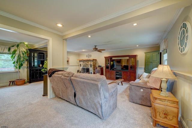 1081 Rte 50, Petersburg, NJ 08270 - living room featuring a ceiling fan, light carpet, a wainscoted wall, crown molding, and recessed lighting
