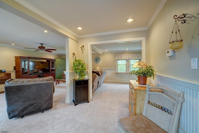 1081 Rte 50, Petersburg, NJ 08270 - living room with ceiling fan, carpet, wainscoting, recessed lighting, and crown molding