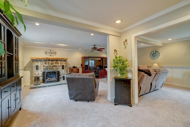 1081 Rte 50, Petersburg, NJ 08270 - living room featuring light carpet, ornamental molding, ceiling fan, wainscoting, and a fireplace
