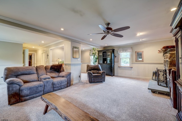 1081 Rte 50, Petersburg, NJ 08270 - living area with carpet flooring, wainscoting, a fireplace, ceiling fan, and recessed lighting