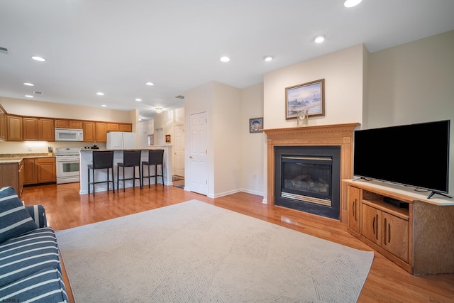 11 Brampton St, Galloway Township, NJ 08205 - living area featuring light wood-style flooring, a glass covered fireplace, and recessed lighting