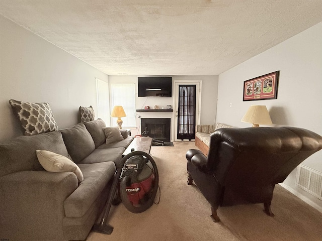 78 Pheasant Meadow Dr Unit 67, Galloway Township, NJ 08205 - living room with light colored carpet, a textured ceiling, and a fireplace