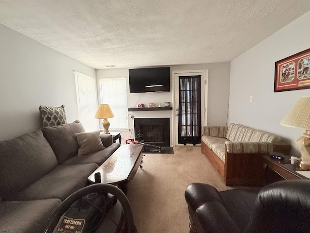 78 Pheasant Meadow Dr Unit 67, Galloway Township, NJ 08205 - living area featuring carpet floors, a textured ceiling, and a fireplace