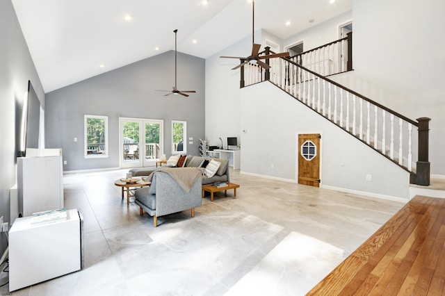 106 Hillside Ave, Absecon, NJ 08201 - living room featuring ceiling fan, high vaulted ceiling, stairs, and recessed lighting