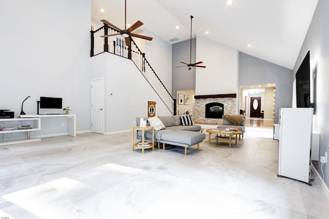 106 Hillside Ave, Absecon, NJ 08201 - living area featuring a ceiling fan, high vaulted ceiling, a glass covered fireplace, stairway, and recessed lighting