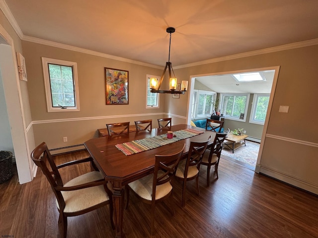 2313 Burroughs Ave, Northfield, NJ 08225 - dining room with wood finished floors, a baseboard heating unit, crown molding, and a skylight