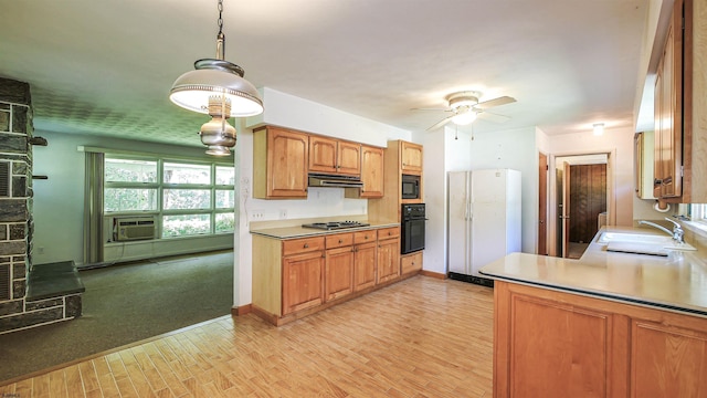 116 Post Rd, Mays Landing, NJ 08330 - kitchen featuring black appliances, a ceiling fan, cooling unit, light wood-style floors, and hanging light fixtures