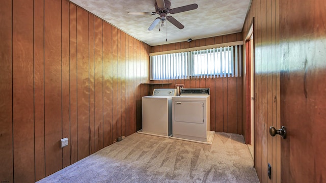 116 Post Rd, Mays Landing, NJ 08330 - laundry area with separate washer and dryer, ceiling fan, carpet, and wood walls