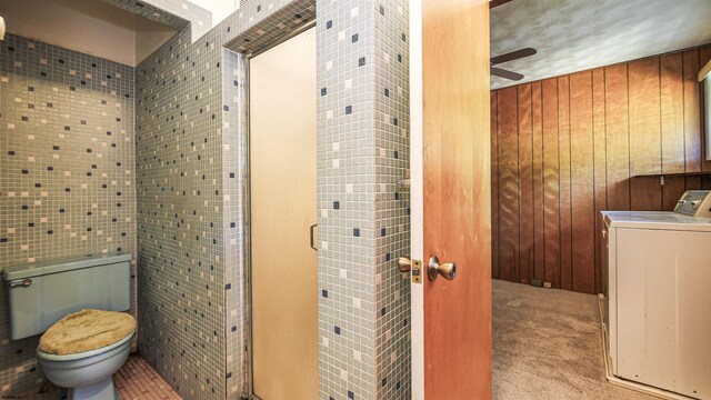116 Post Rd, Mays Landing, NJ 08330 - bathroom with washer / dryer, ceiling fan, and wood walls