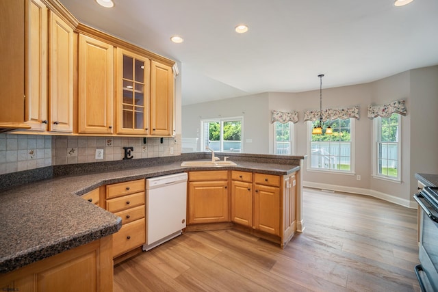 2 Clay Ct, Cape May, NJ 08204 - kitchen with white dishwasher, a peninsula, light wood-style floors, recessed lighting, and dark countertops