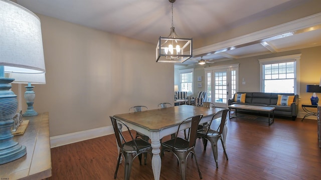 16 N Nashville Ave, Ventnor, NJ 08406 - dining space with wood finished floors, a chandelier, a ceiling fan, and beamed ceiling