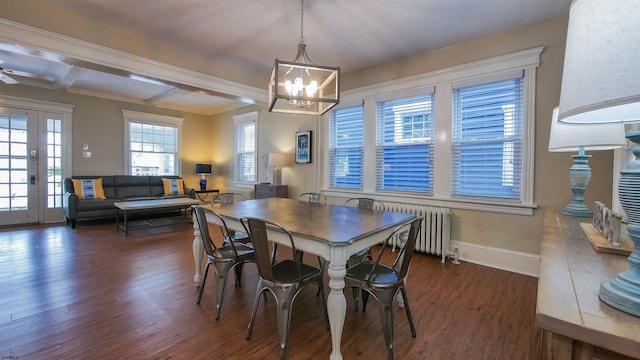 16 N Nashville Ave, Ventnor, NJ 08406 - dining area featuring radiator, wood finished floors, a chandelier, beam ceiling, and coffered ceiling