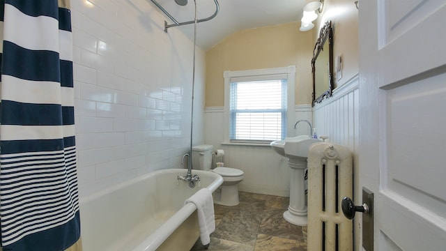 16 N Nashville Ave, Ventnor, NJ 08406 - full bathroom with radiator, wainscoting, vaulted ceiling, and shower / bath combo with shower curtain