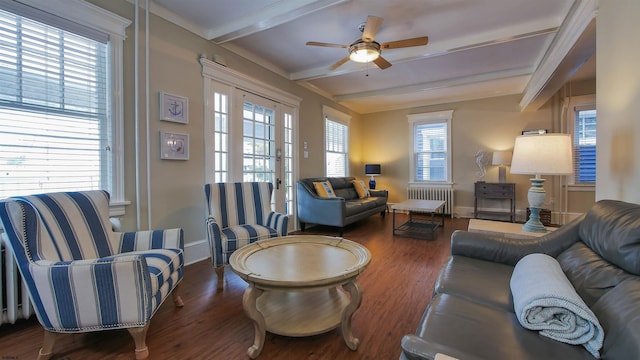16 N Nashville Ave, Ventnor, NJ 08406 - living area featuring radiator, beam ceiling, wood finished floors, and ceiling fan