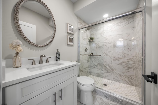 114 N Avolyn Ave, Ventnor, NJ 08406 - bathroom with vanity, a stall shower, marble finish floors, and recessed lighting