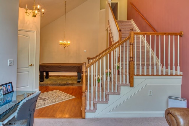 1 Poppy Rd, Egg Harbor Township, NJ 08234 - stairs featuring a chandelier, high vaulted ceiling, and wood finished floors