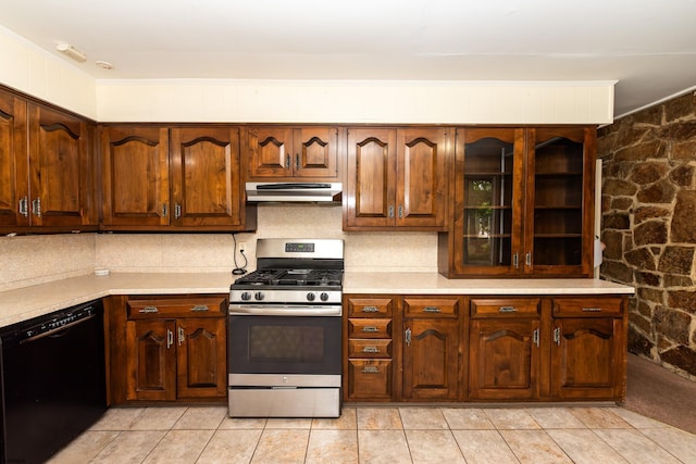 3821 Brookhaven Dr, Vineland, NJ 08361 - kitchen with dishwasher, stainless steel gas range, under cabinet range hood, light countertops, and decorative backsplash