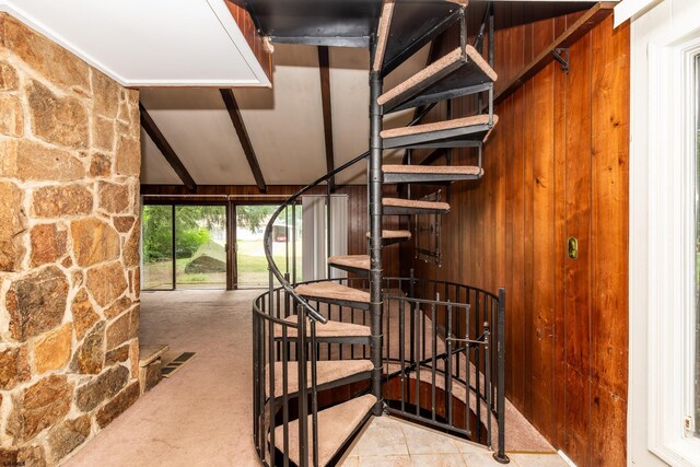 3821 Brookhaven Dr, Vineland, NJ 08361 - staircase with wooden walls and lofted ceiling